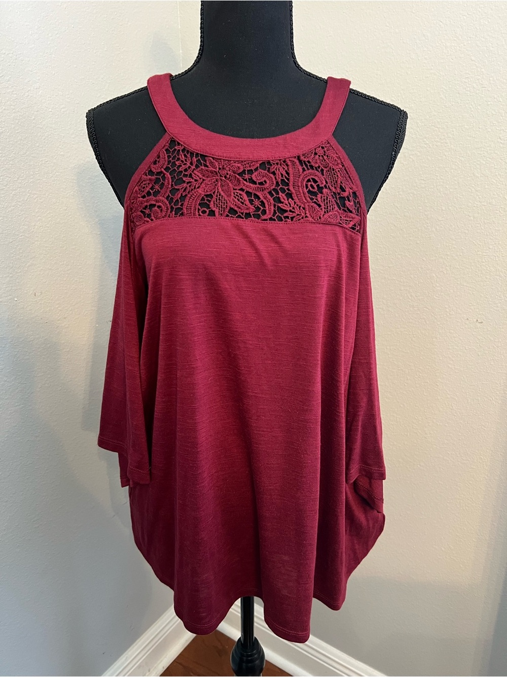 Torrid Wine Lace Yoke Cold Shoulder Blouse - Size 00 (10) - Picture 2 of 6